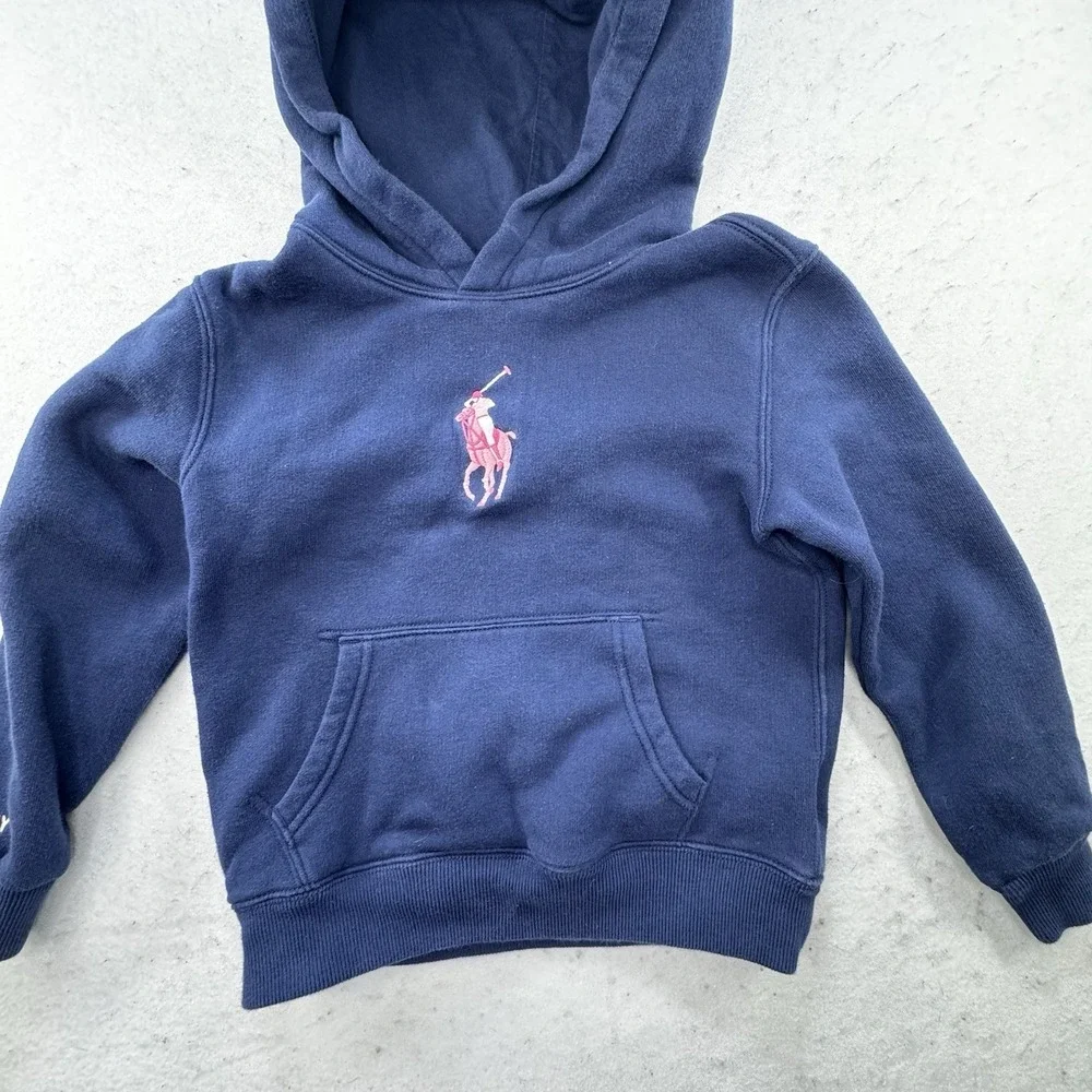 Pink Pony By Ralph Lauren Girls Navy Pink Embroidered Big Logo Hoodie‎ Size 6